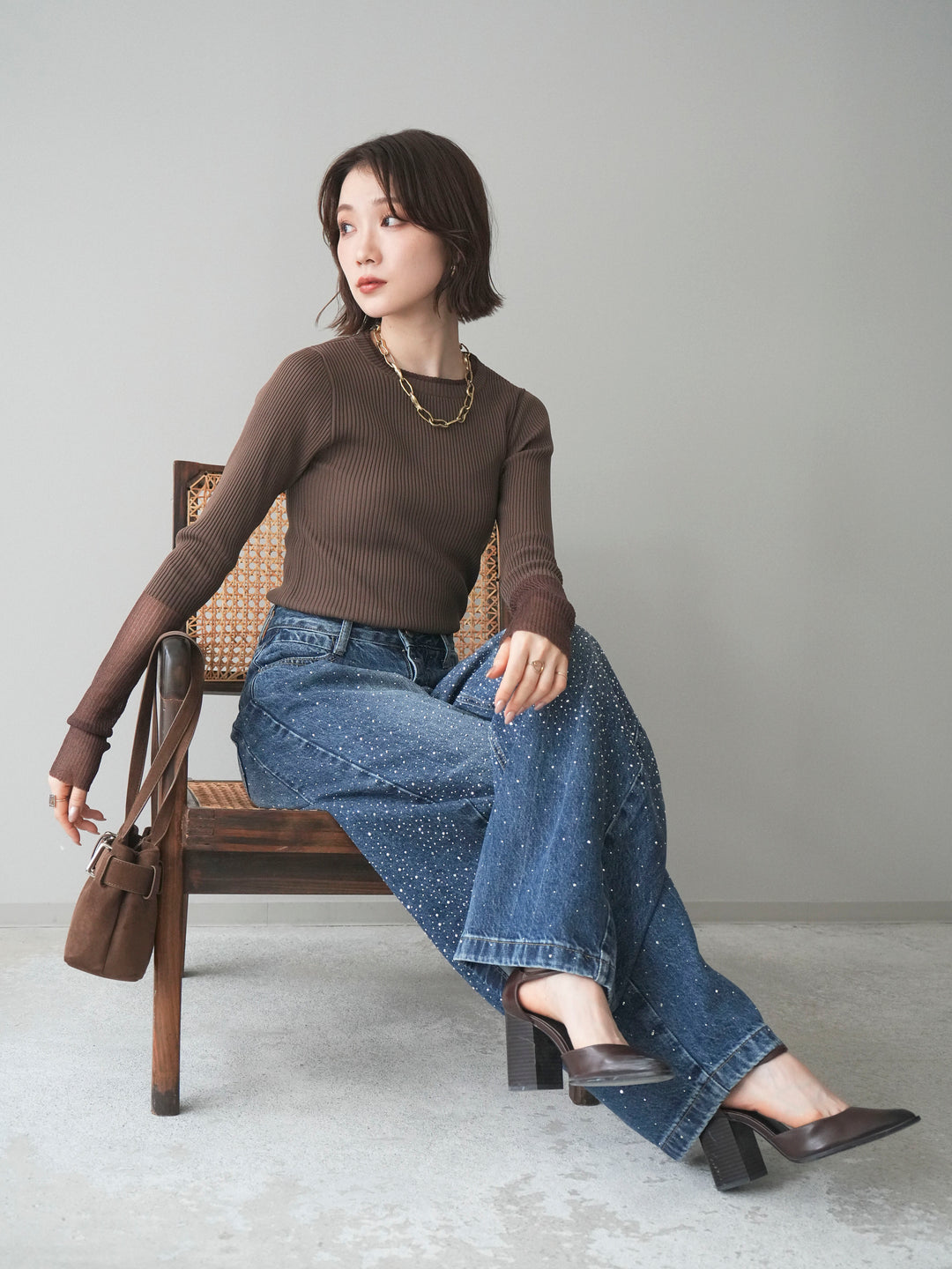 [SET]リブラメシアー切替リブニットトップス+ラインストーンカーブデニムパンツ(2set)