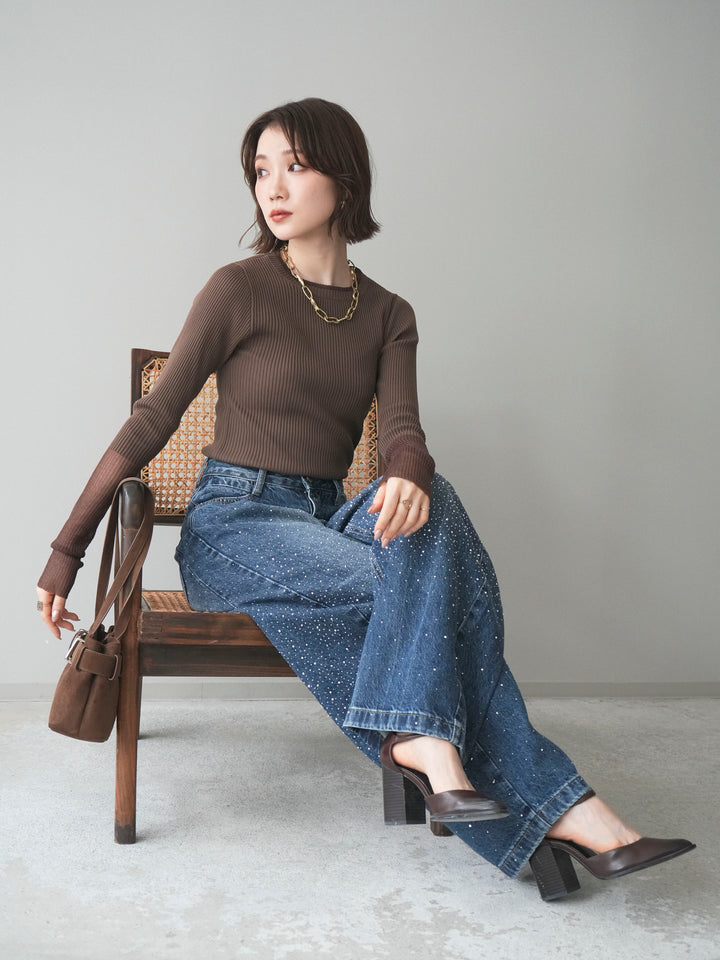 [SET]リブラメシアー切替リブニットトップス+ラインストーンカーブデニムパンツ(2set)