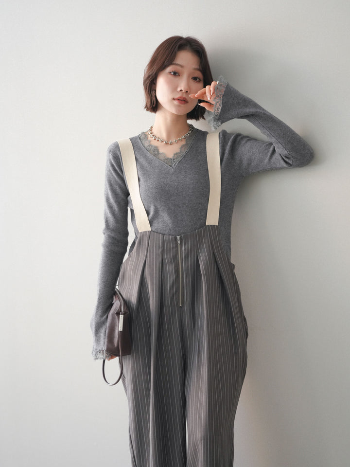 [予約]レースドッキングVネックニットトップス/gray