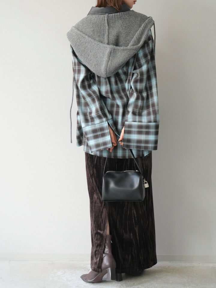 [SET]レザー襟オンブレチェックオーバーシャツ +クラッシュベロアナロースカート(2set)