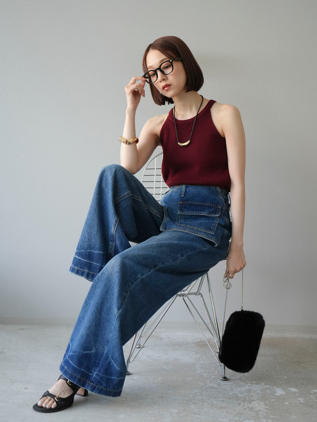 [予約]リブニットアメスリタンクトップ/ボルドー