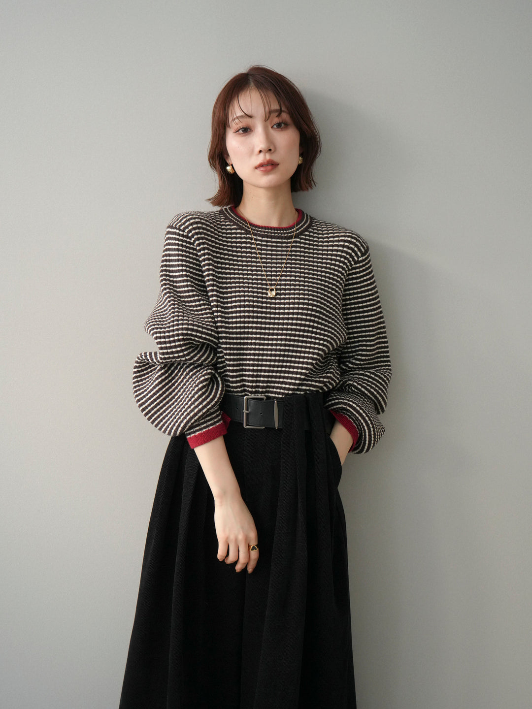 [予約]ラメ異素材ボーダーリブニットプルオーバー/brown×red