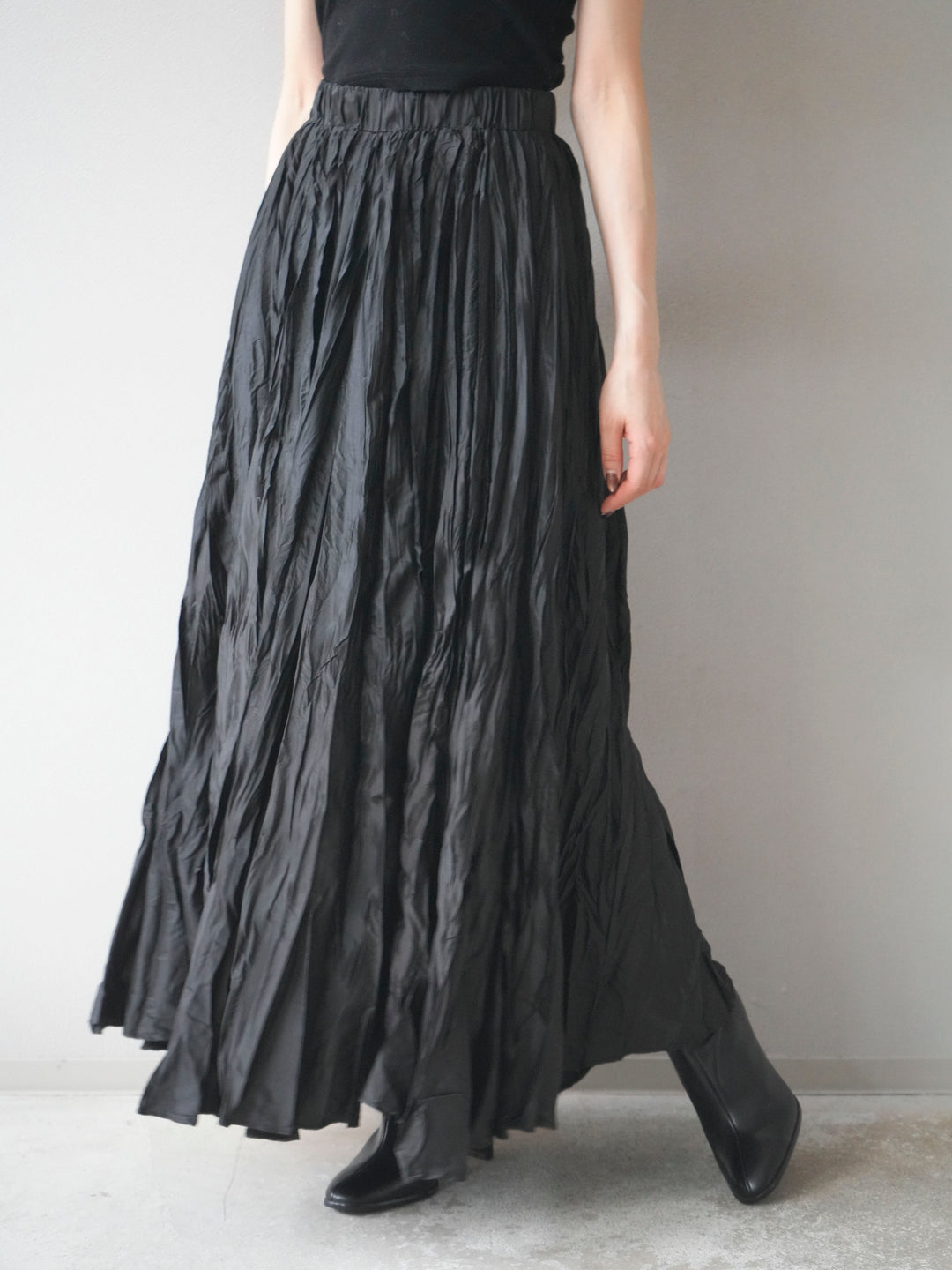 [予約]ワッシャープリーツロングスカート/black