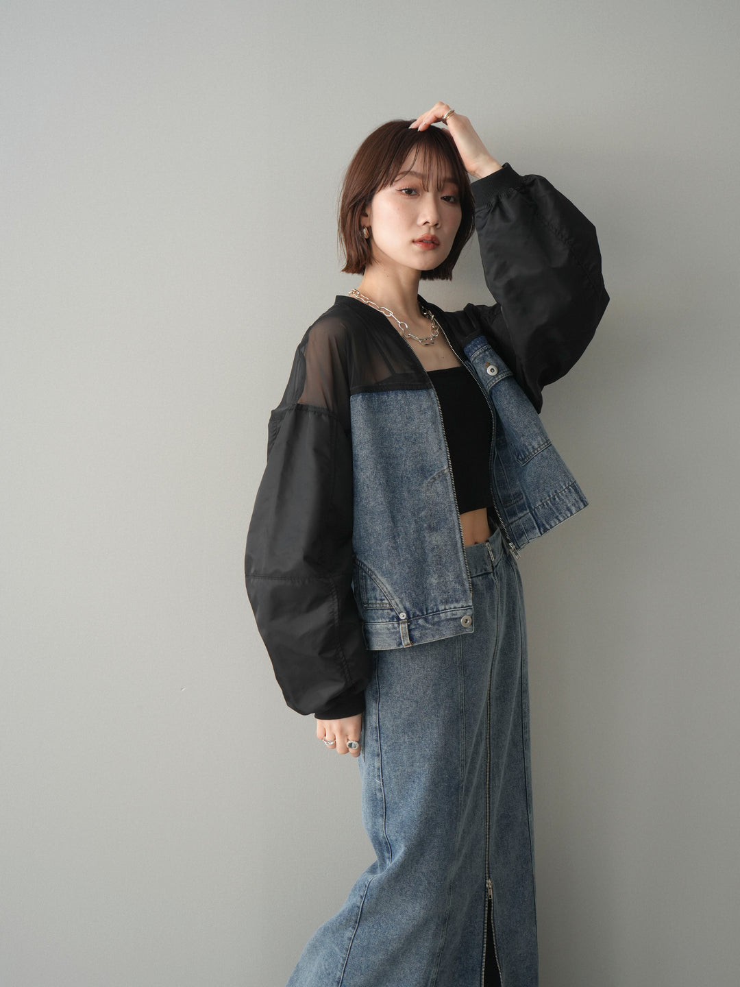 [SET]異素材デニムブルゾン+フロントジップデニムスカート(2set)