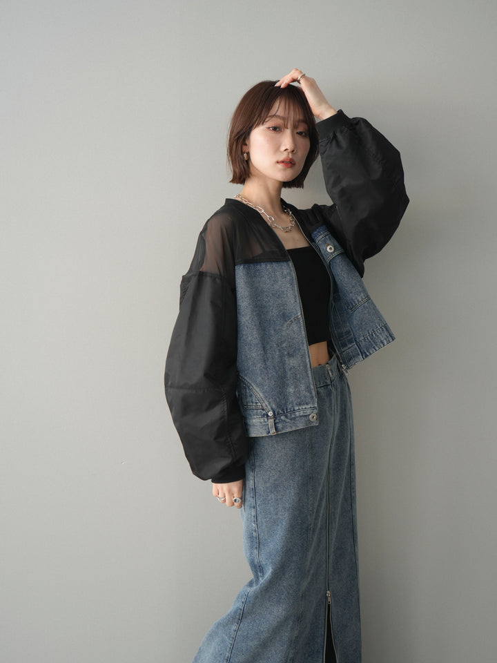 [SET]異素材デニムブルゾン+フロントジップデニムスカート(2set)