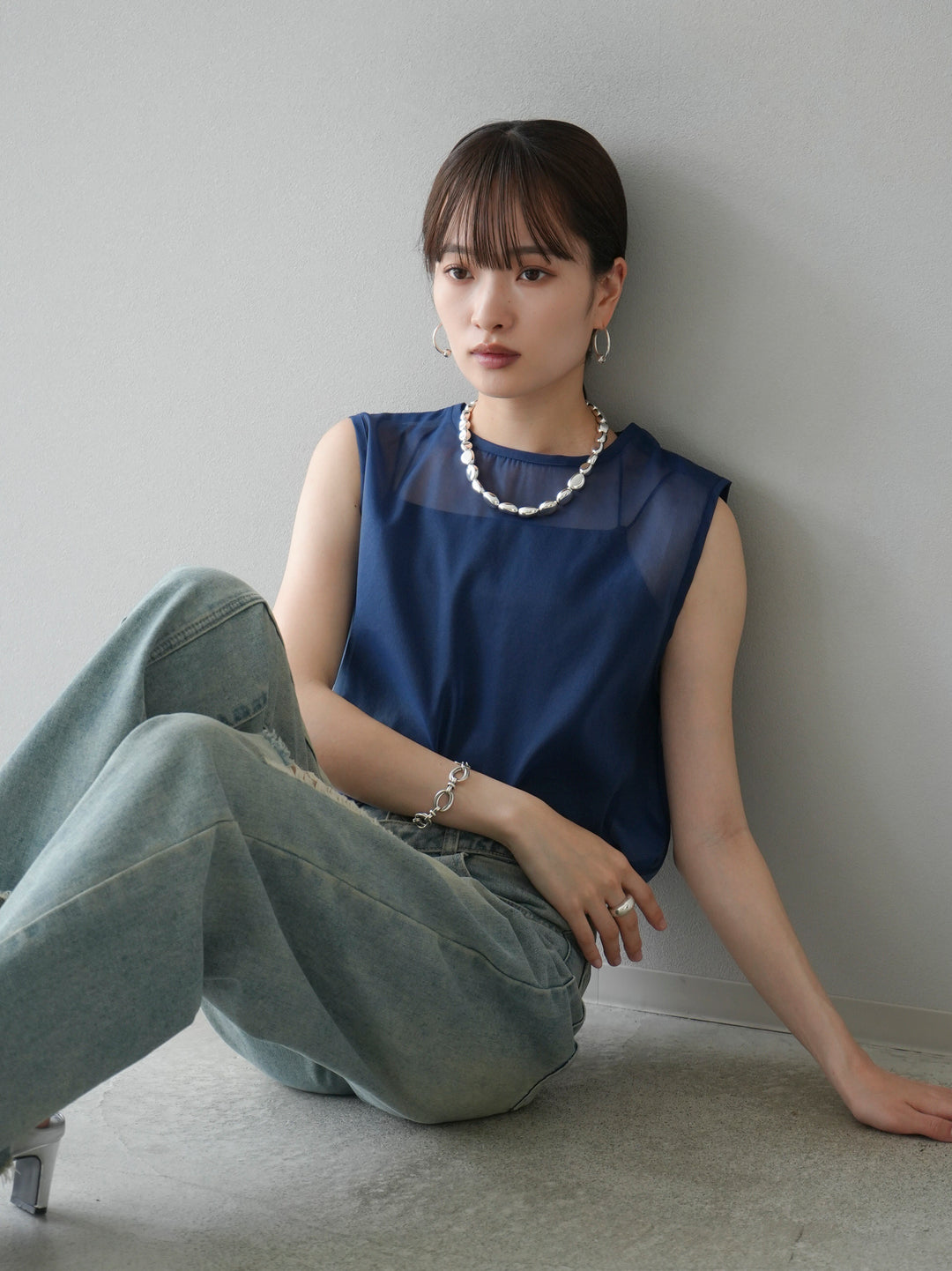 [SET] Organdy sleeveless top + belt asymmetrical damaged denim (2set)