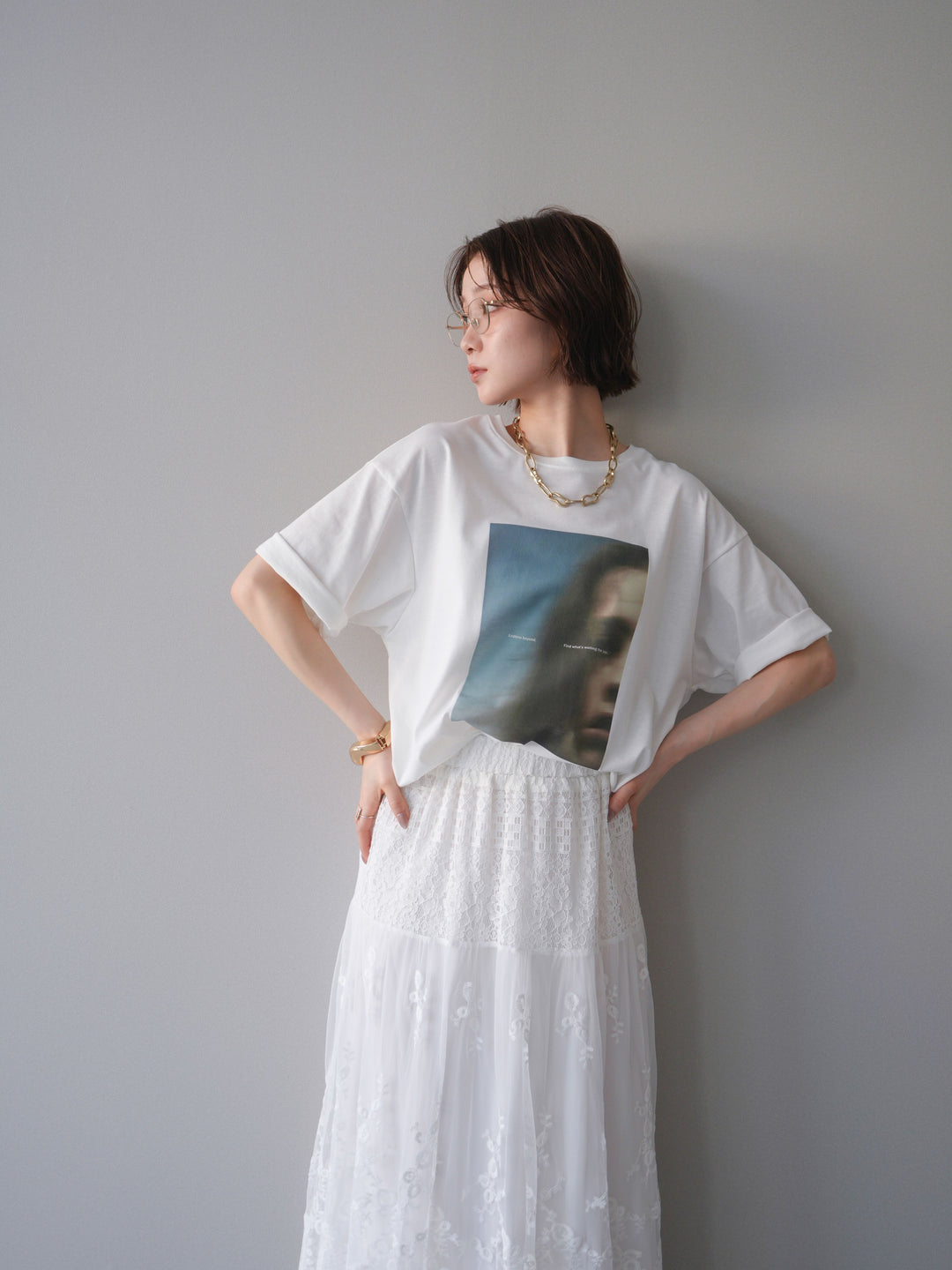 [SET]ブラーアートフォトTシャツ+シアーレースマキシスカート(2set)