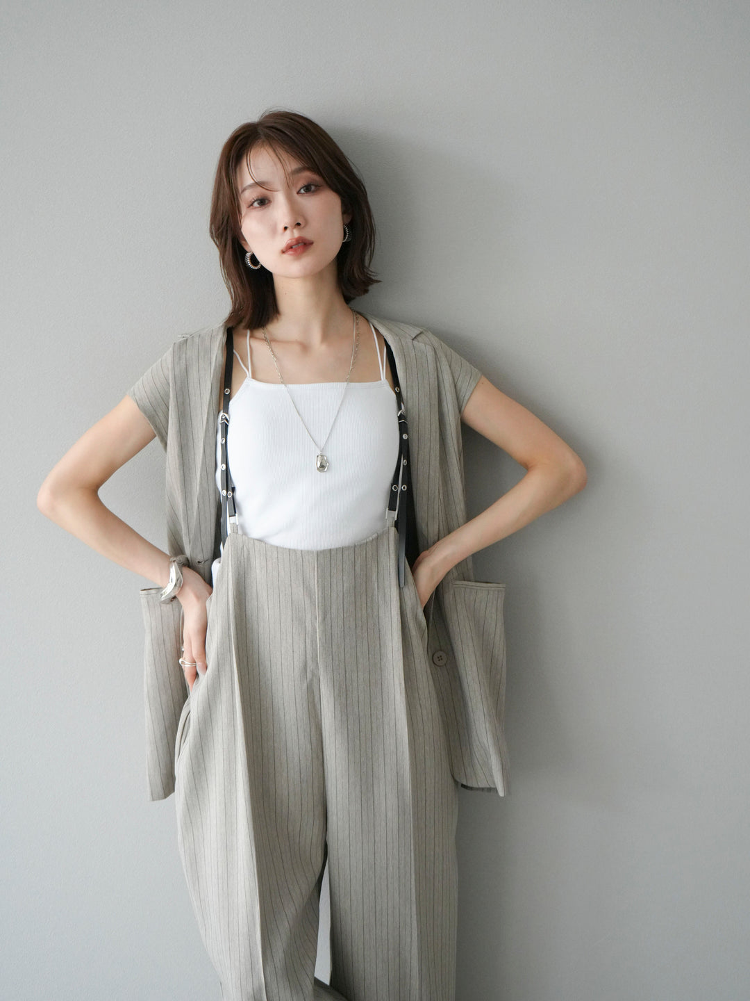 【着回しセット】[SET]ヘリンボーンストライプジレ+シアー切替ベロアトップス+ヘリンボーンストライプサロペット(3set)