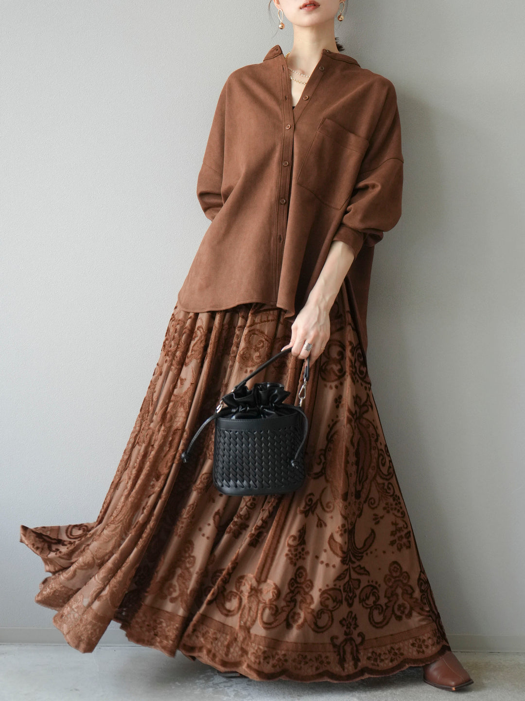 [予約]アンティーク柄フロッキーマキシスカート/ブラウン