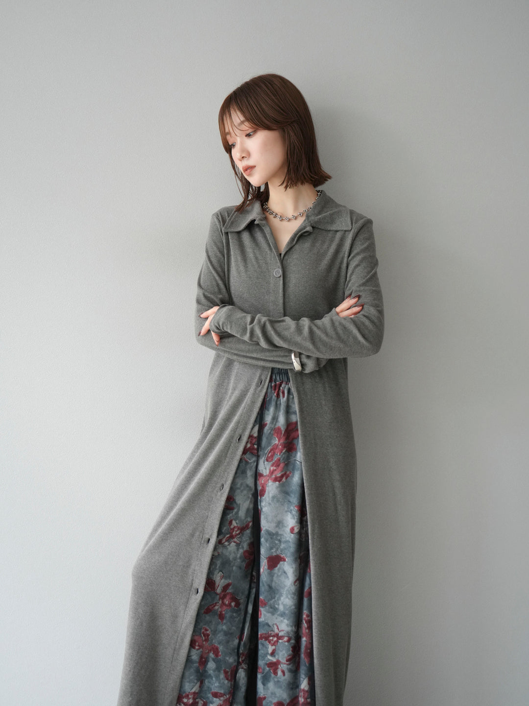 [SET]襟付きカットリブボタンワンピース+フラワープリントチュールレイヤードパンツ(2set)