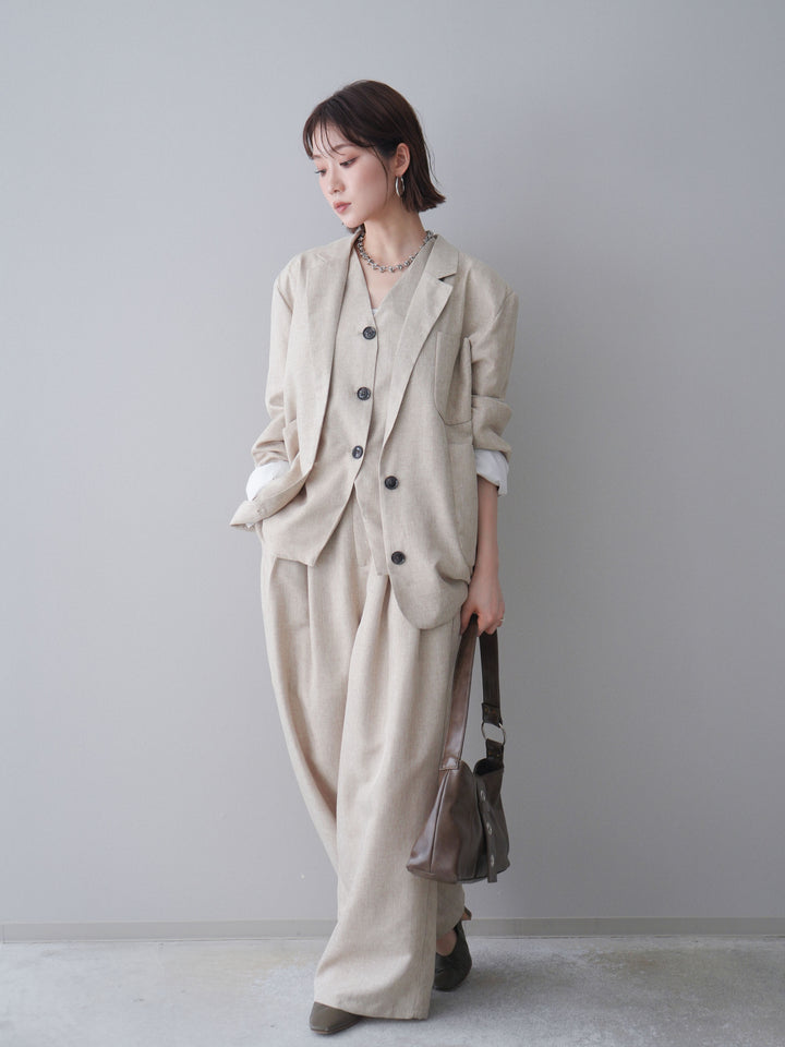 [SET]リネンライクテーラードジャケット+リネンライクバックオープンジレ+リネンライクタックワイドパンツ(3set)