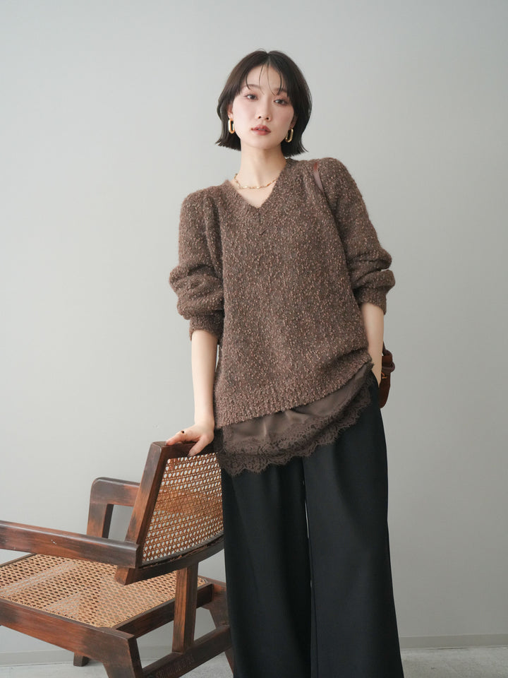 [SET]Vネックスラブニットプルオーバー+選べるアクセセット(2set)