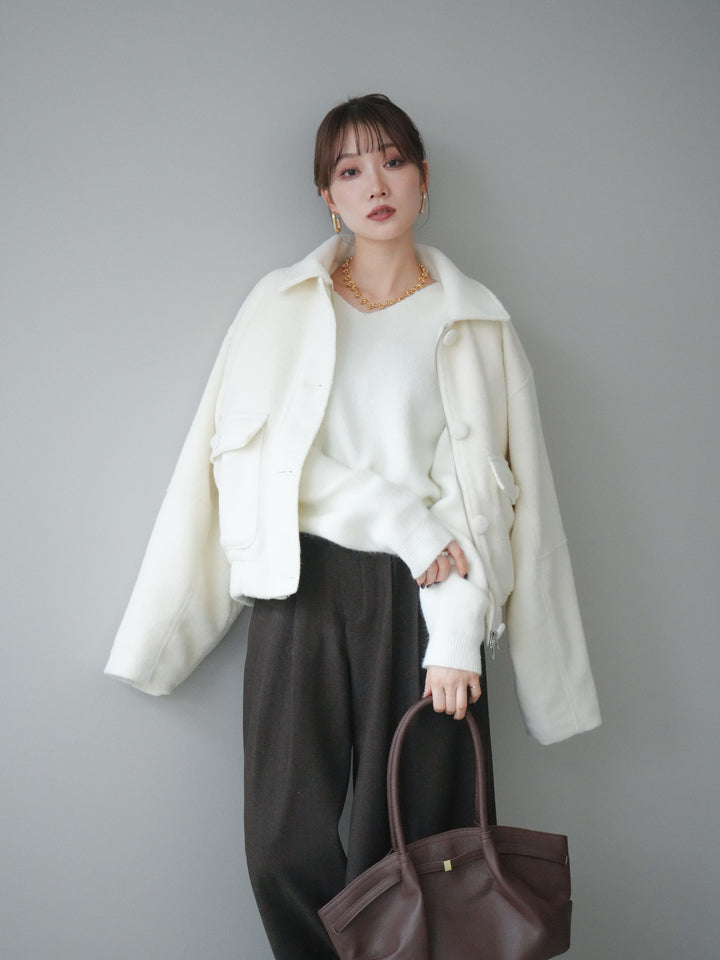 [SET]ウールライクフライトジャケット+シュシュ付きアンゴラタッチVネックニットプルオーバー(2set)