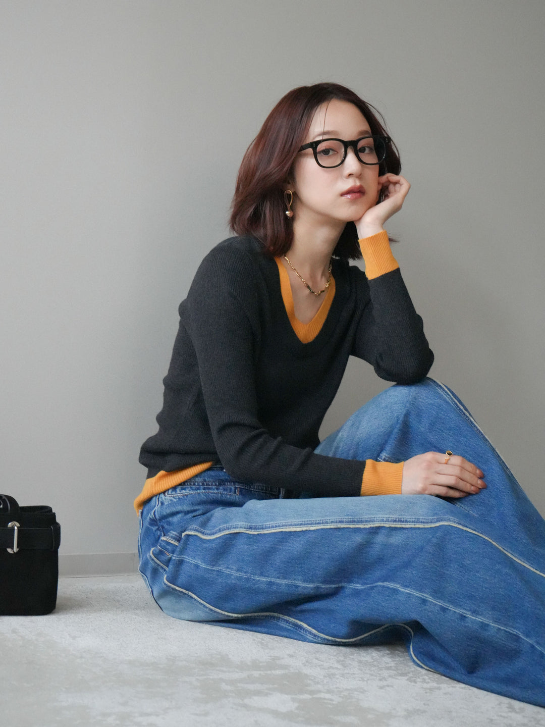 [SET]Uネック配色レイヤードリブニットトップス+サイドフリンジワイドデニムパンツ(2set)