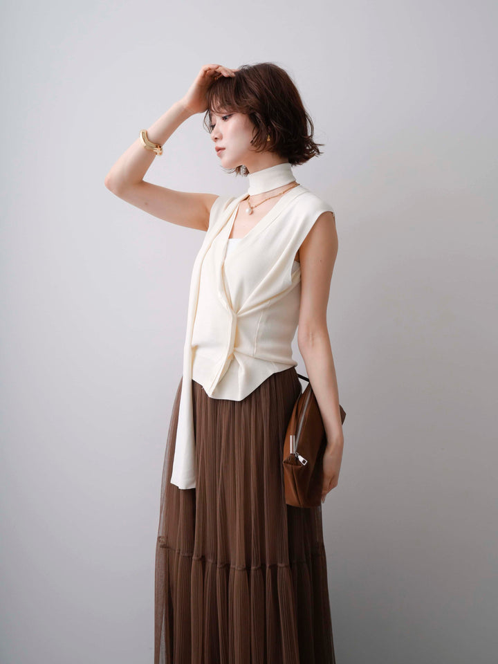 【套裝】領口層疊不對稱針織背心+薄紗蕾絲裙（兩件組）