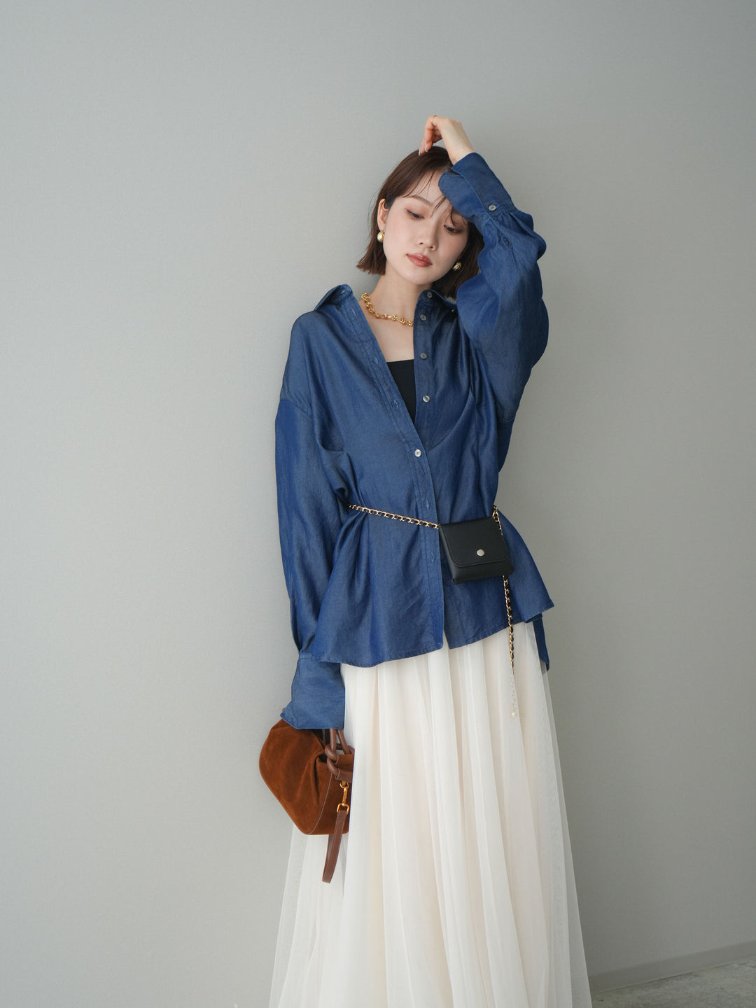 [SET]テンセルデニムタックシャツ+チュールボリュームスカート(2set)