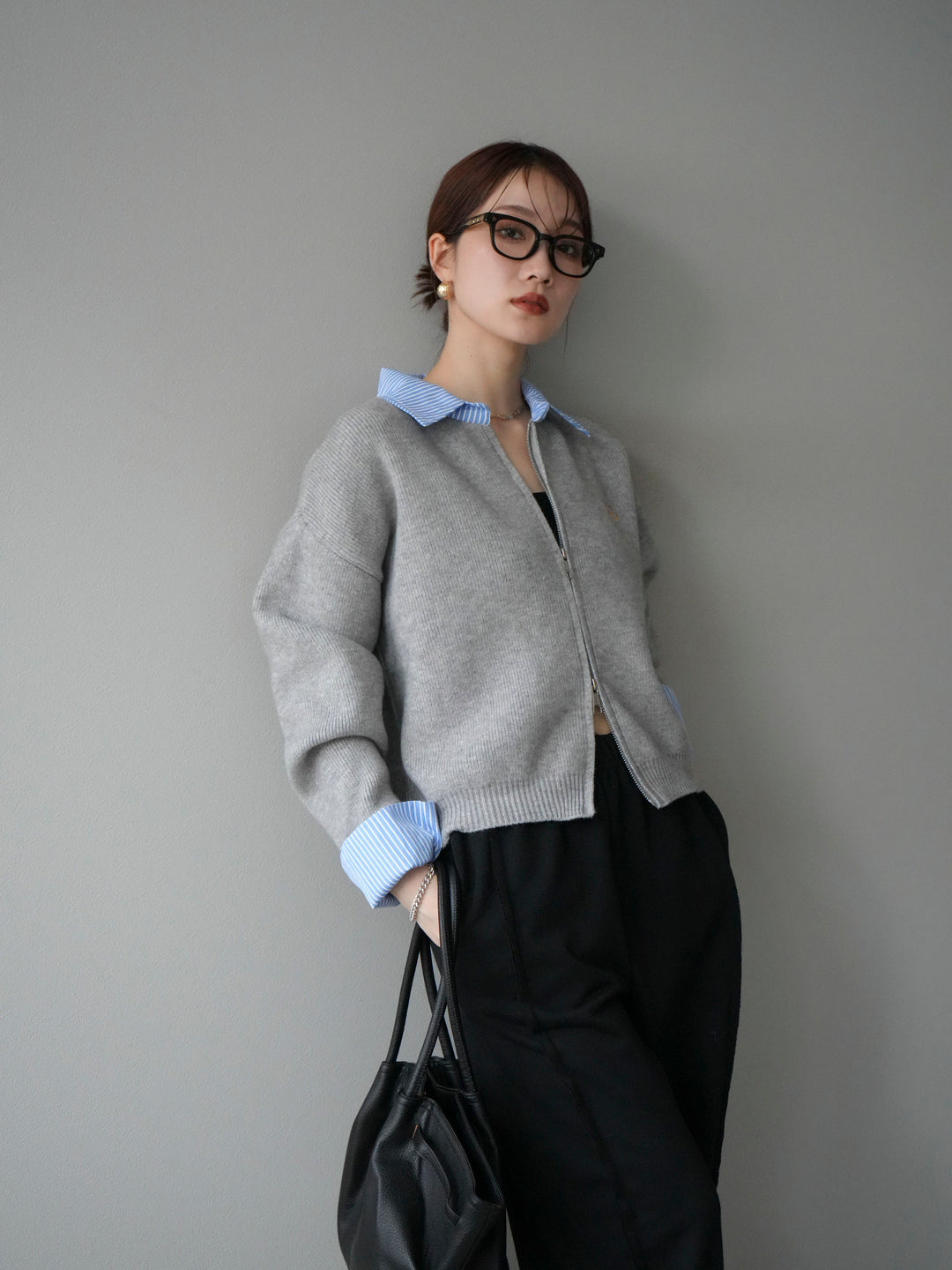 [SET]ストライプシャツレイヤードZIPニットカーディガン+選べるアクセセット(2set)