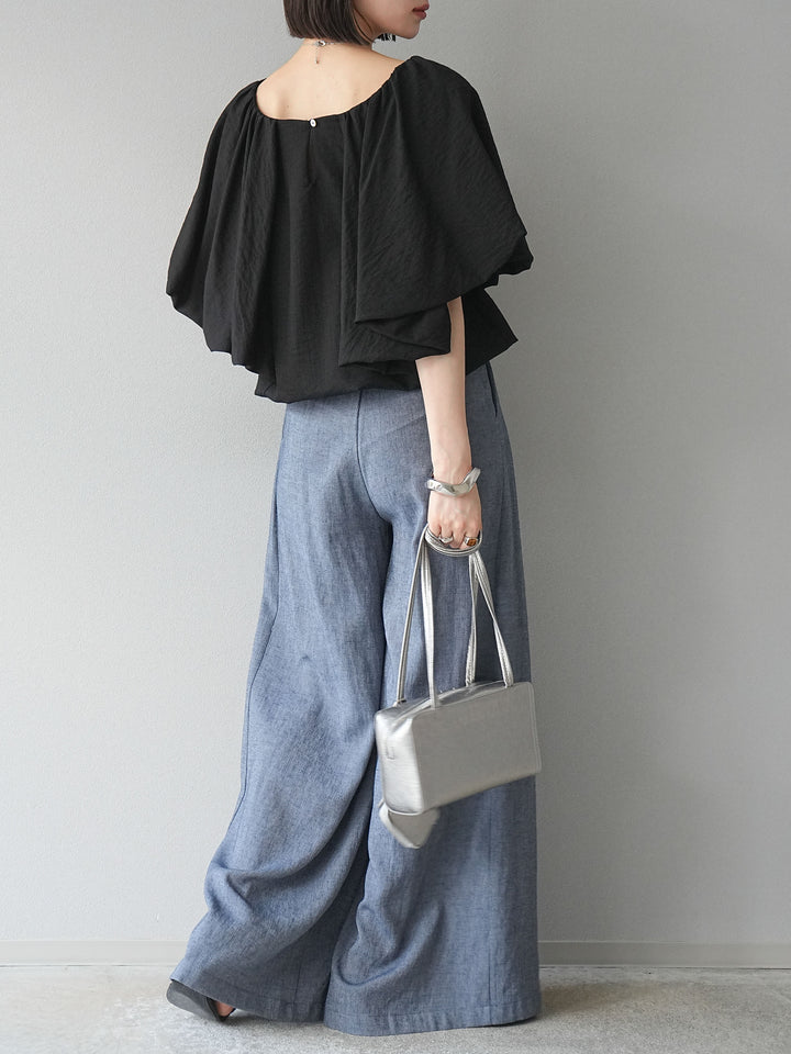 【預購】仿亞麻雙褶設計寬褲/藏青色