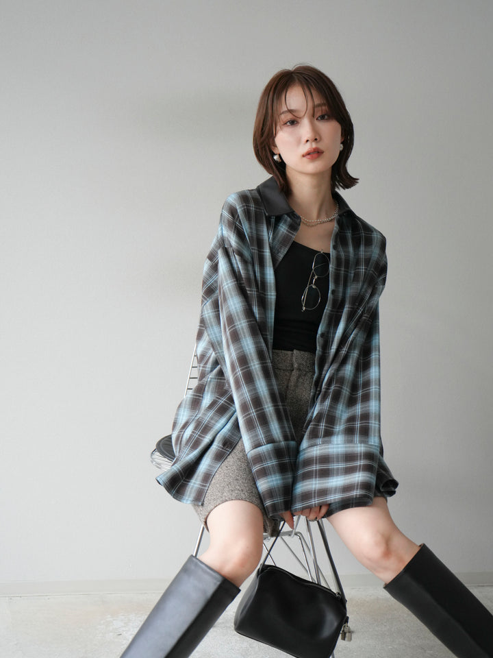 【着回しセット】[SET]レザー襟オンブレチェックオーバーシャツ +クラッシュベロアナロースカート+ツイードハーフパンツ(3set)