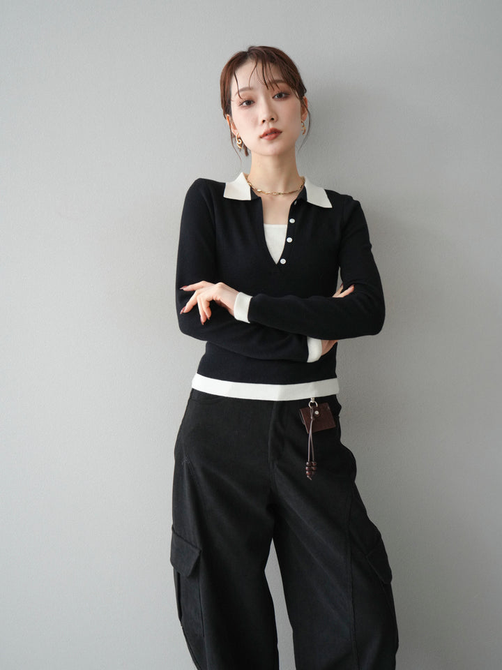 [予約]レイヤード配色ポロニットトップス/black