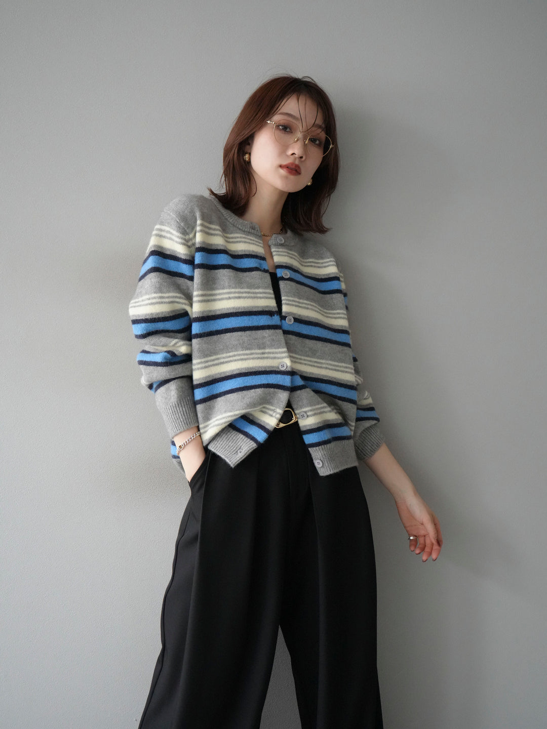 [予約]マルチボーダーニットカーディガン/gray