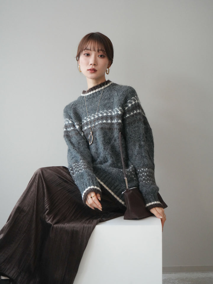 [予約]裾配色ノルディック柄ニットプルオーバー/gray