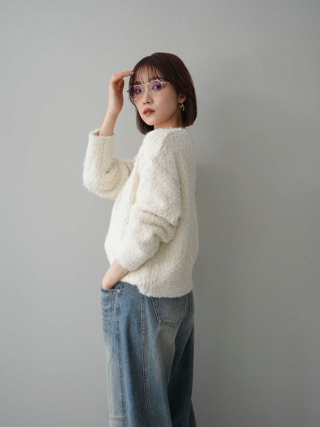 [SET]モールラメミックスヤーンニットプルオーバー+ベルト付カーブデニムパンツ(2set)