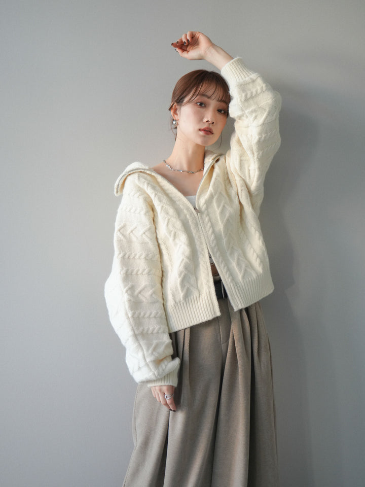 [SET]ケーブル編みハイネックZIPニットカーディガン+選べるアクセセット(2set)