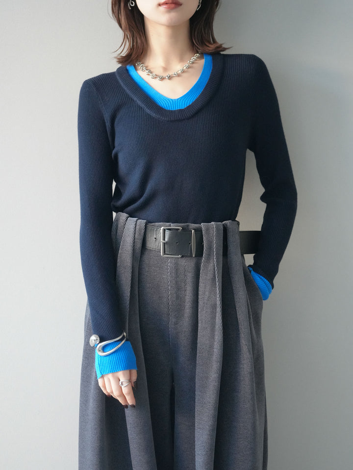 [SET]Uネック配色レイヤードリブニットトップス+ベルトデザインループコールテンワイドパンツ(ベルト付き)(2set)