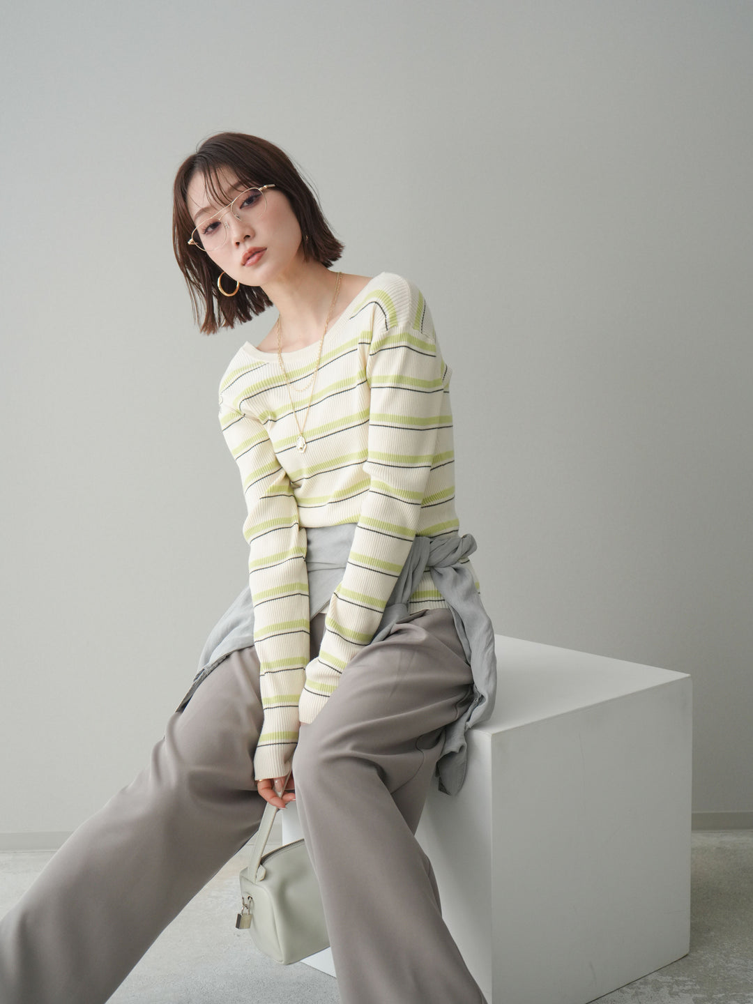 [予約]バックオープンテレコリブマルチボーダートップス/ivory