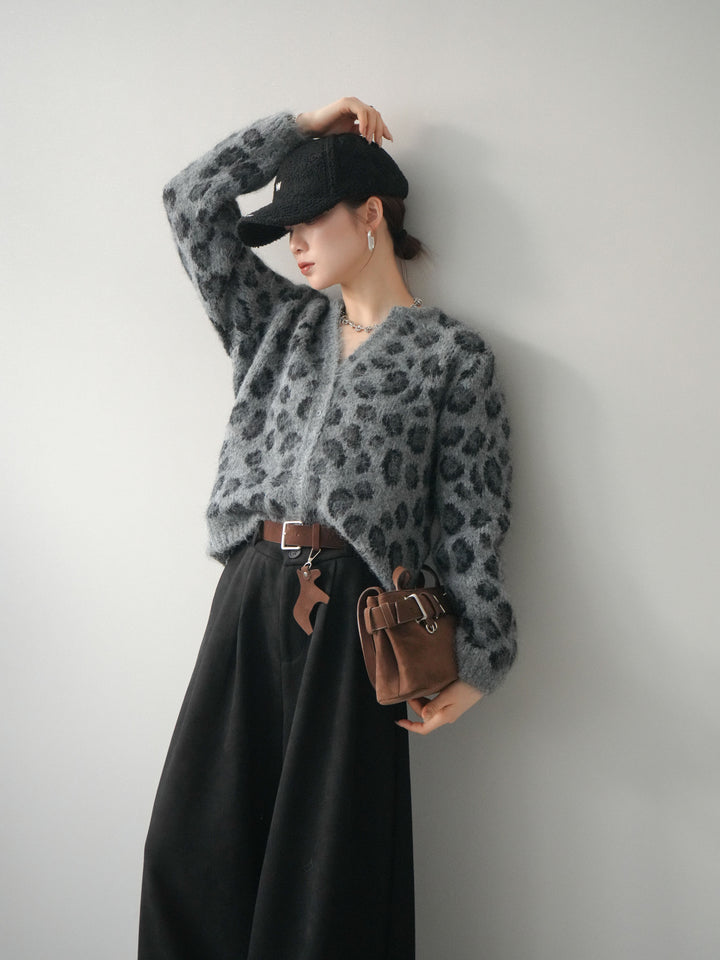 [SET]モヘアタッチレオパード柄ニットカーディガン+選べるアクセセット(2set)