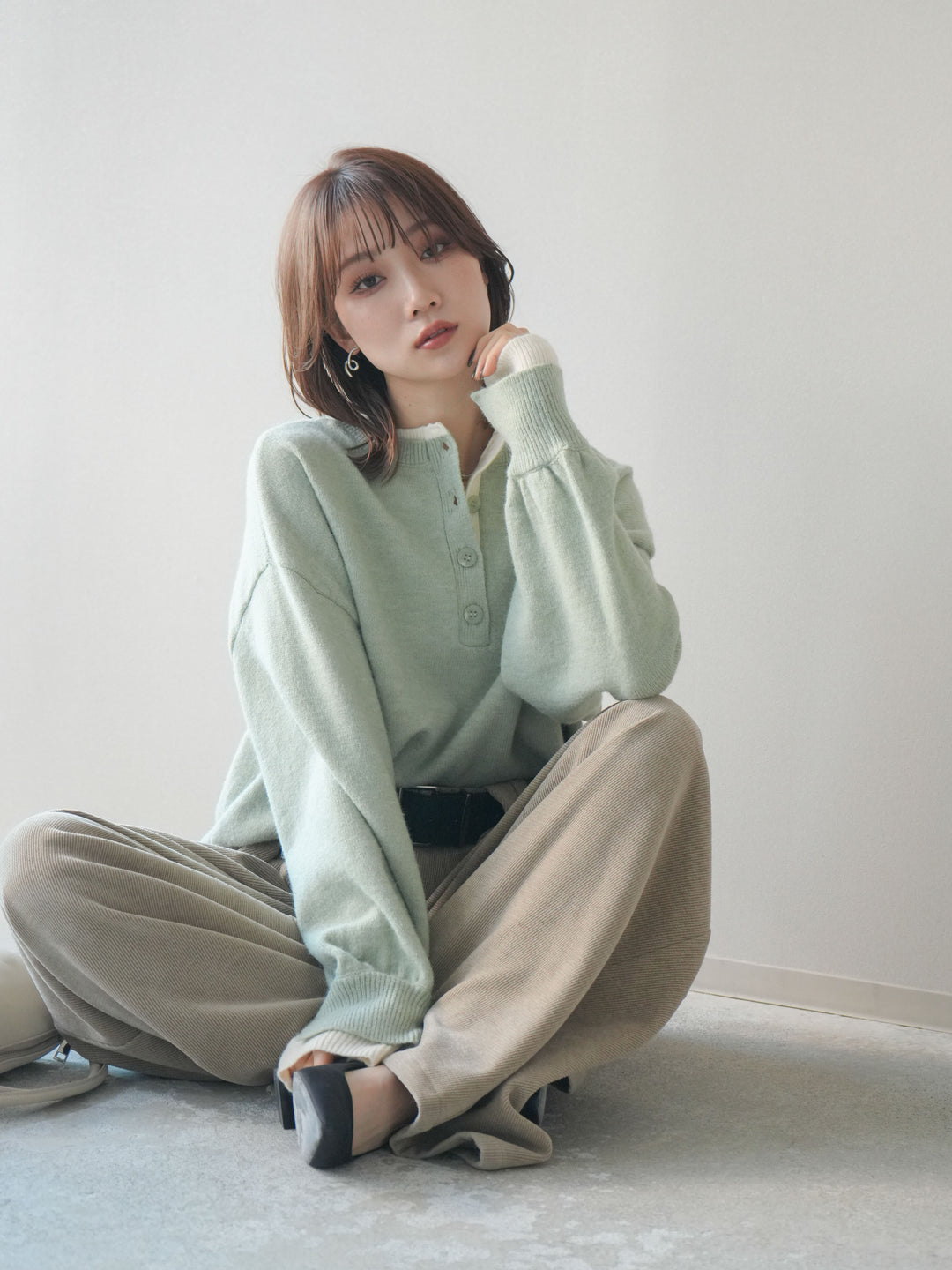 [予約]ヘンリーネック配色レイヤードニットプルオーバー/mint