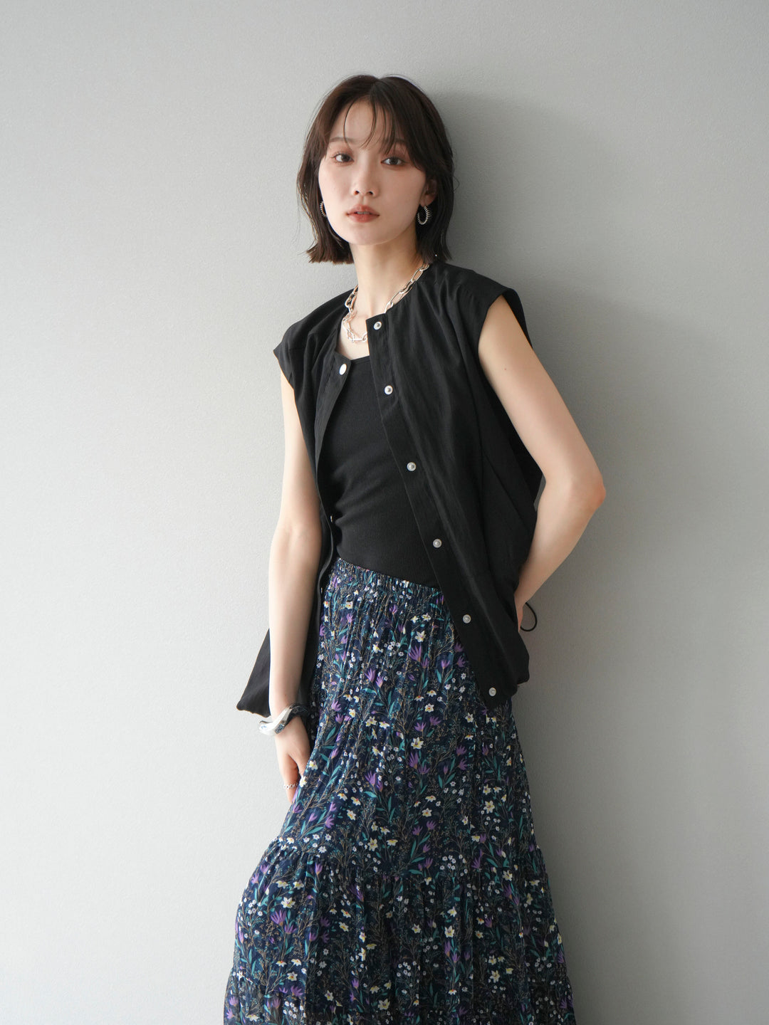 [SET]リネンライクドロストバルーンブルゾン+フラワーワッシャープリーツスカート(2set)