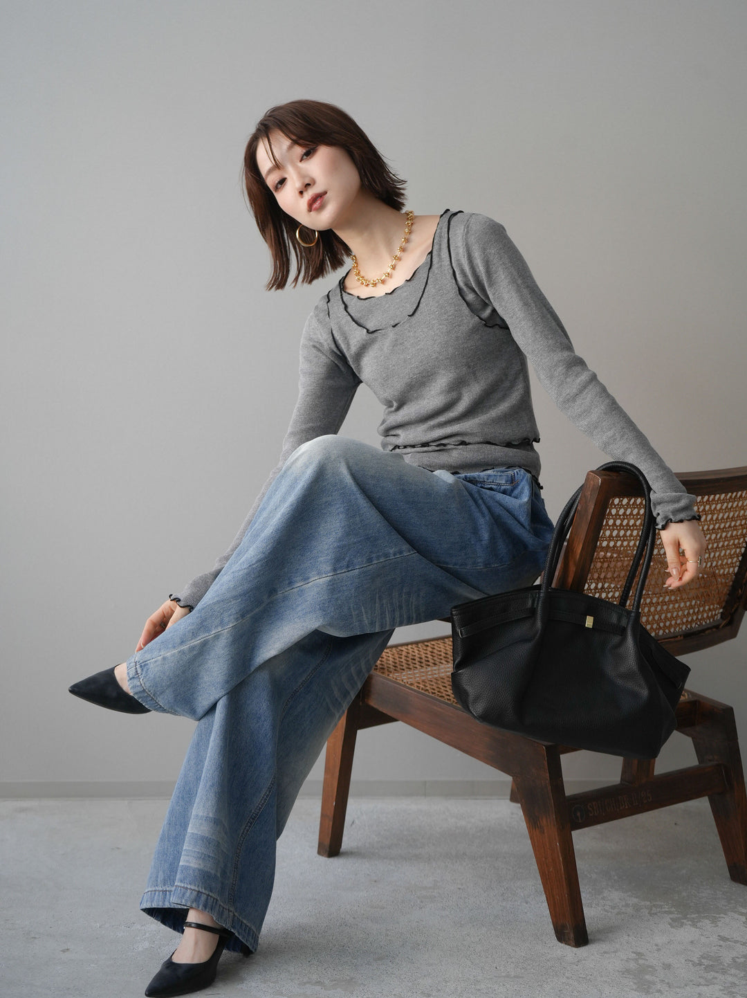 [SET]バイカラーメローアンサンブルシアーニットトップス+フロントポケットサイドタックワイドデニム(2set)