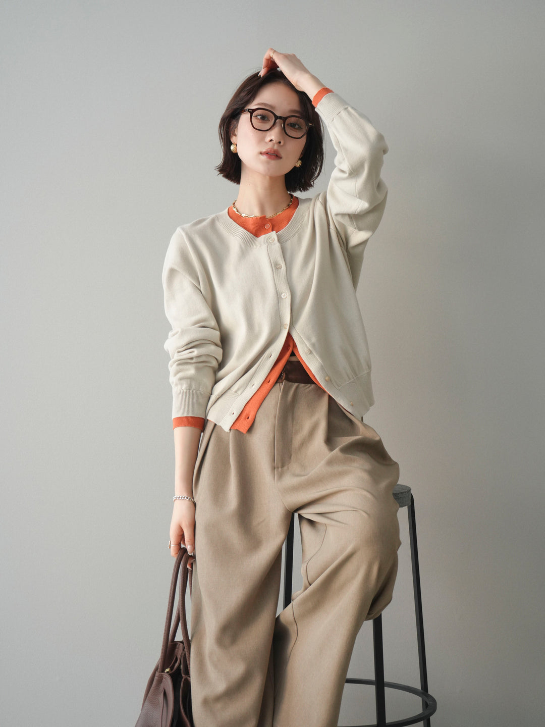 [予約]配色レイヤードコットンアクリルニットカーディガン/ivory