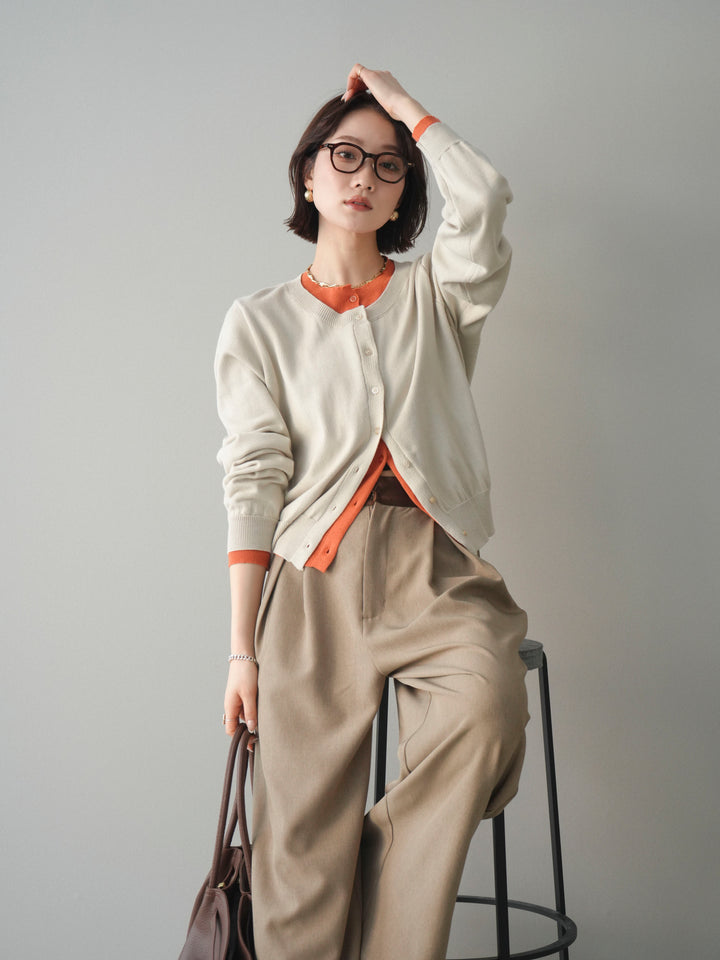 [予約]配色レイヤードコットンアクリルニットカーディガン/ivory