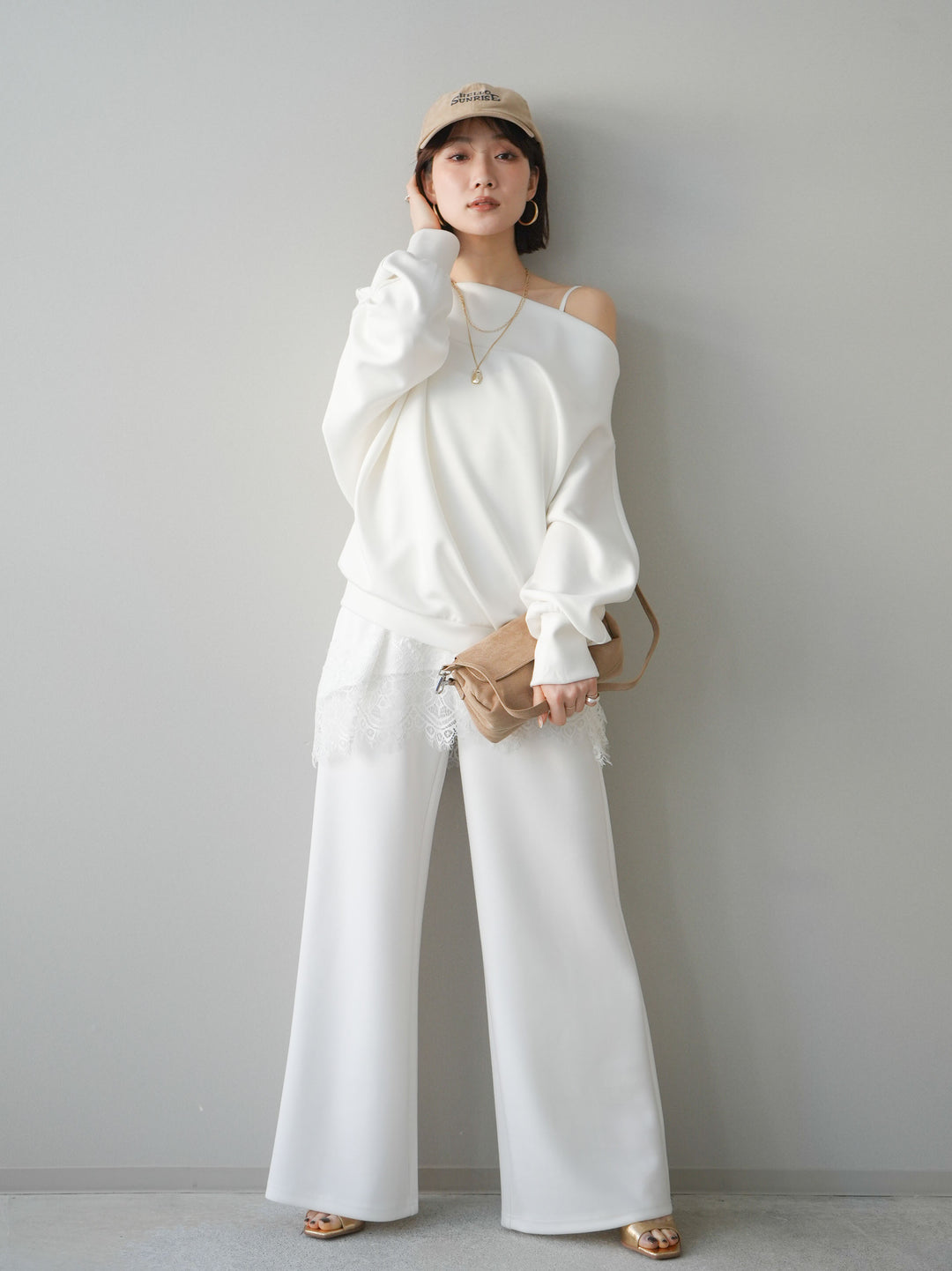 [SET]アシンメトリーオフショルポンチプルオーバー+イージーポンチワイドパンツ(2set)