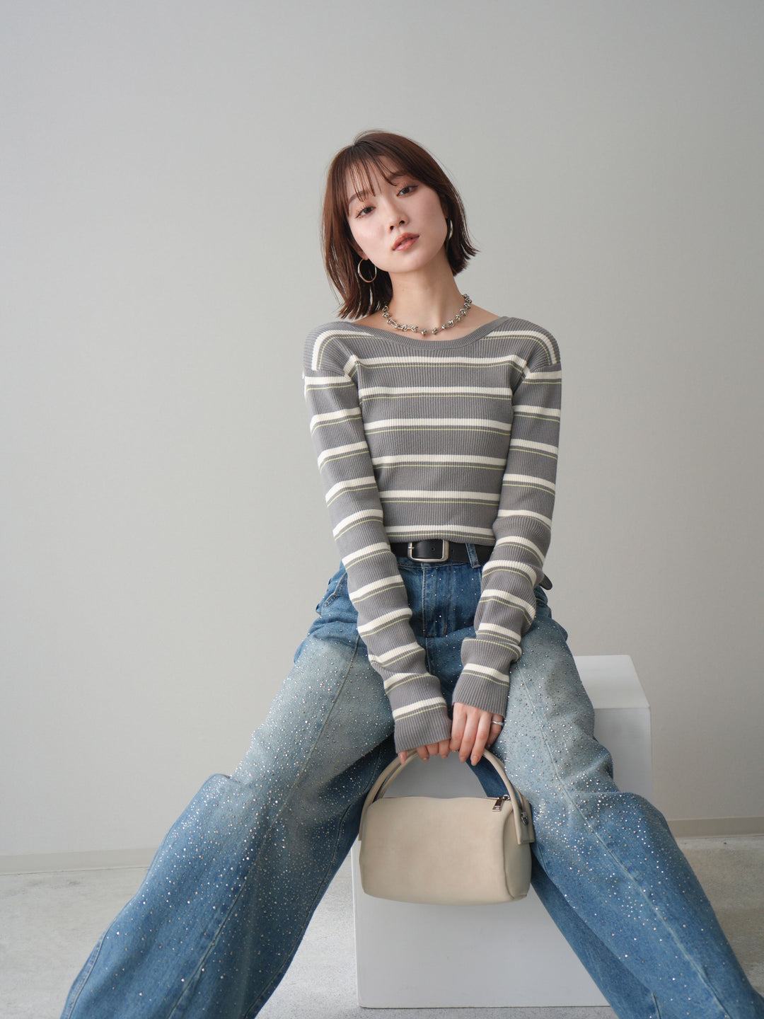 [予約]バックオープンテレコリブマルチボーダートップス/gray