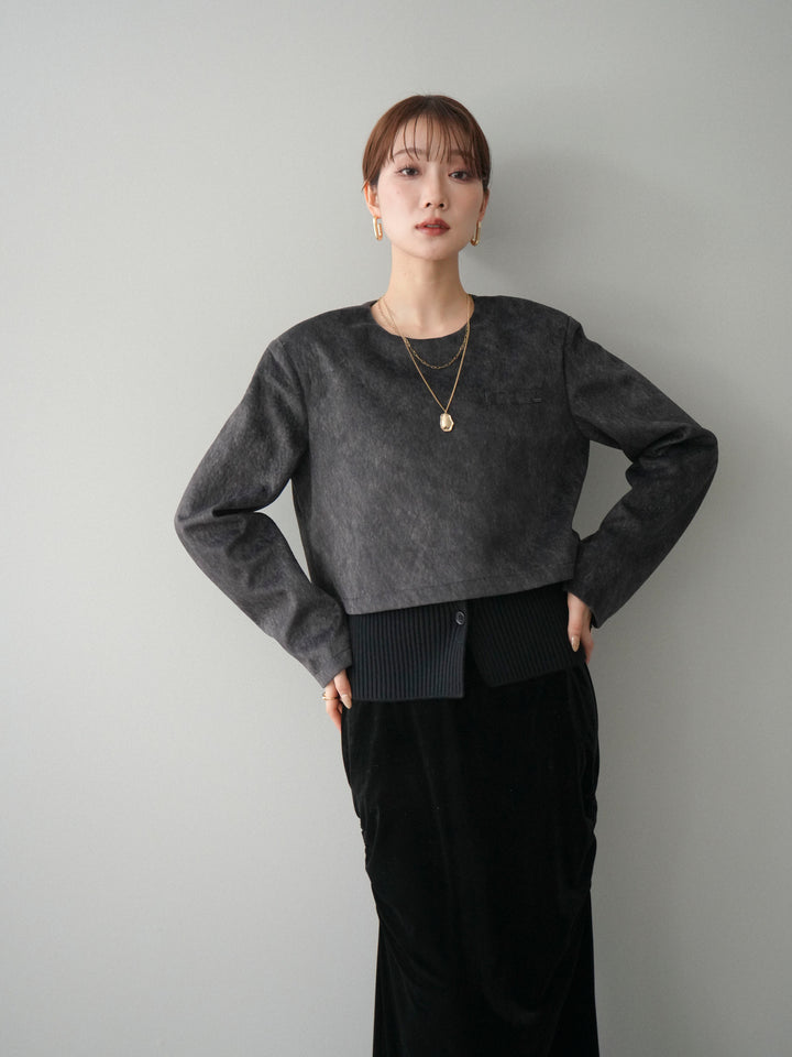 [予約]リブニットレイヤードスエードプルオーバー/charcoal
