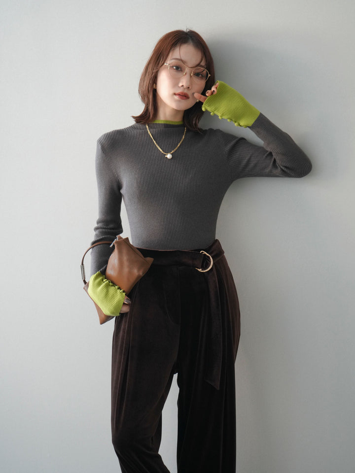 [予約]袖ボタンハイネック配色リブニットトップス/charcoal