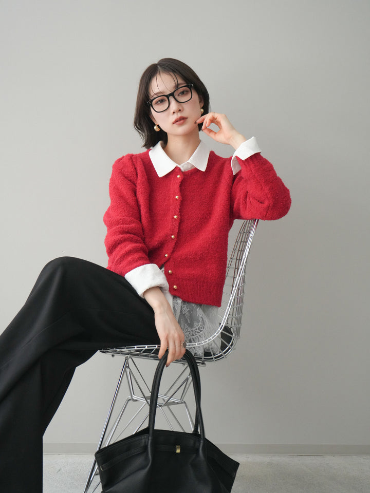 [SET]ゴールドボタンブークレニットカーディガン+総レースボリュームスリーブシャツ(2set)