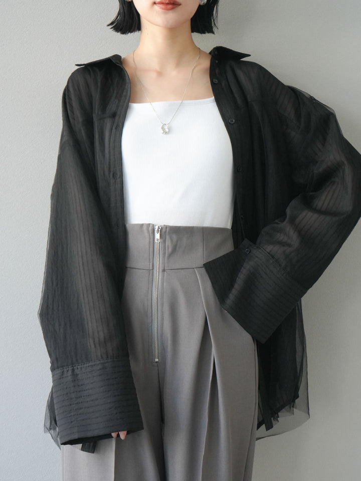 【預購】薄紗對接透視條紋大袖口oversized襯衫/黑色