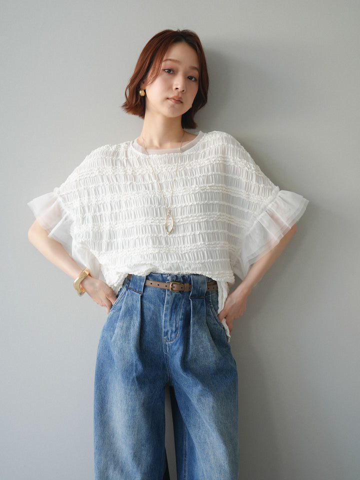 [予約]チュール袖リップルトップス/white