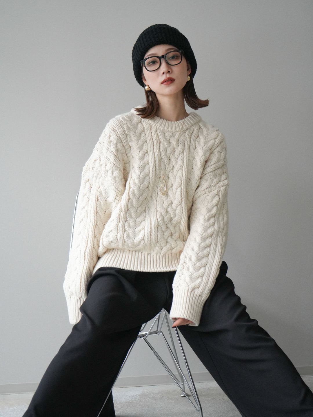 [予約]ボリュームケーブルニットプルオーバー/beige