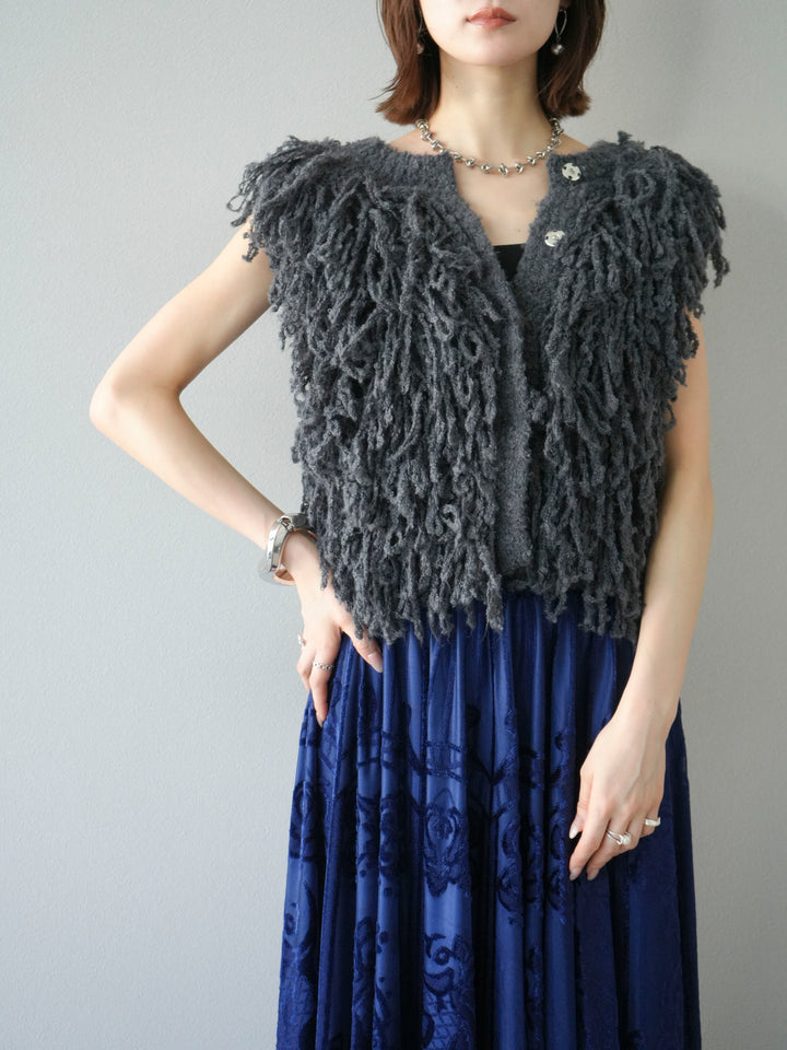 [SET]フリンジループニットベスト+アンティーク柄フロッキーマキシスカート(2set)