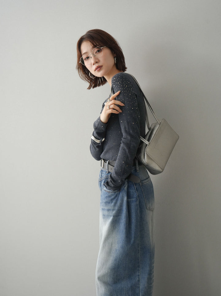 【預購】亮片透視針織上衣 / 灰色