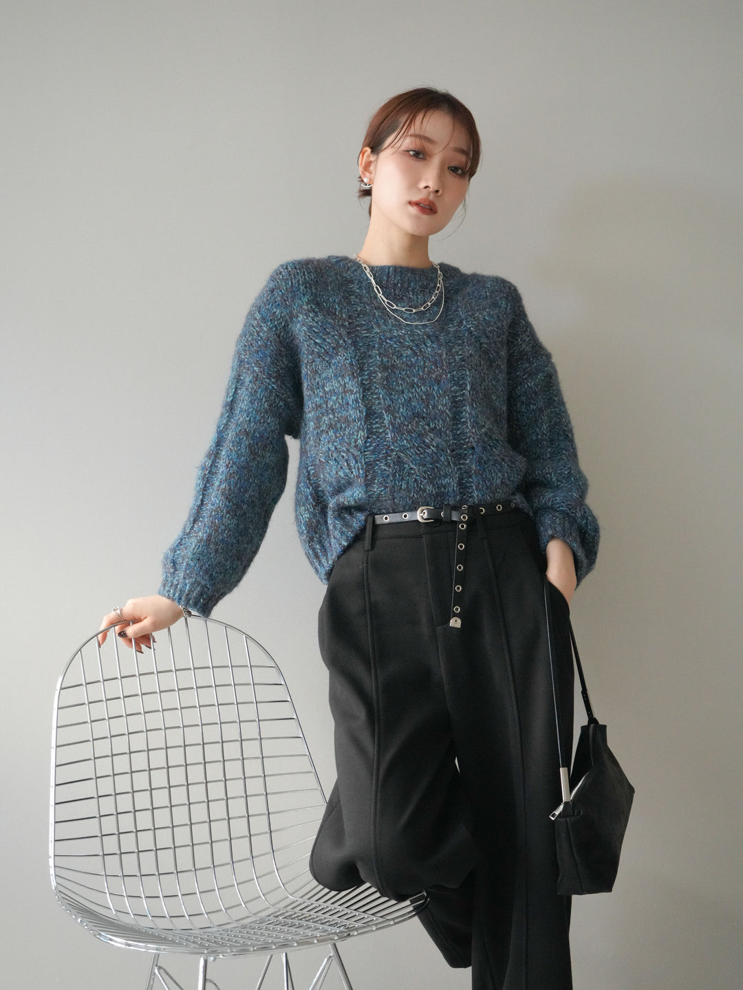 [予約]ワイドケーブルミックスニットプルオーバー/blue