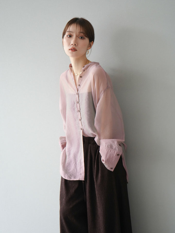 [SET] 亮面透視立領襯衫 + 柳葉寬褲 (2set)