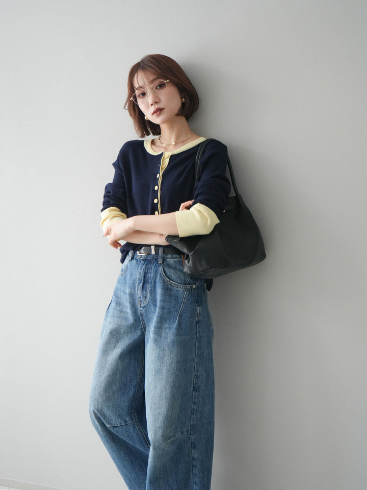 [予約]ヘンリーネック配色ニットソー/navy