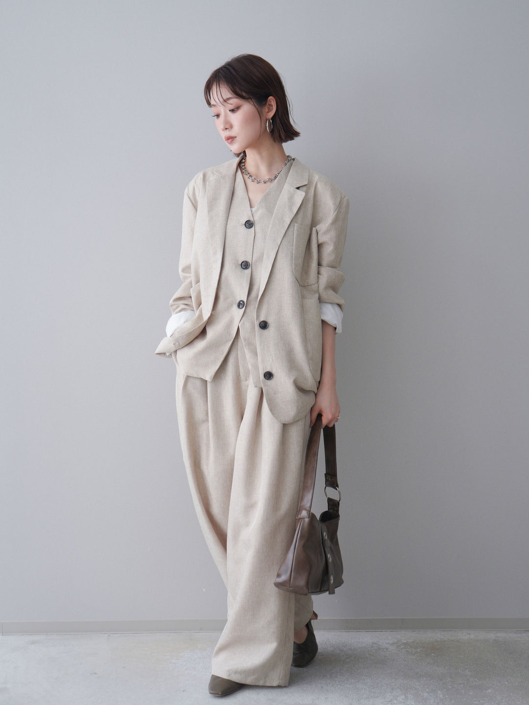 [予約]リネンライクタックワイドパンツ/oatmeal